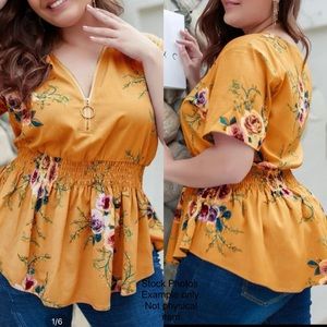 Plus Zipper Floral Print Blouse- Size 2XL
